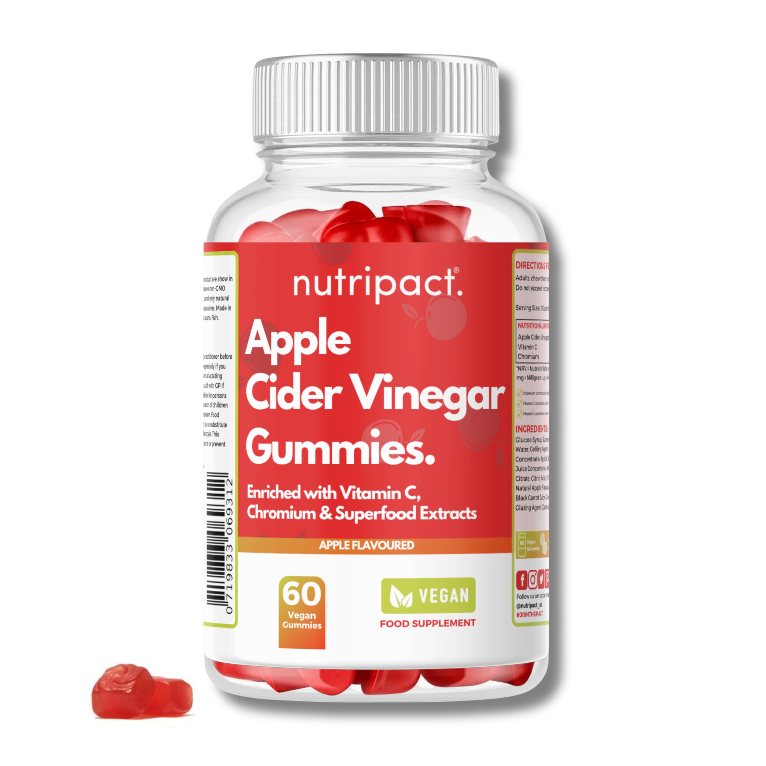 Apple Cider Vinegar Gummies - 1000mg ACV per Serving - 60 Vegan Gummies - Enhanced with Vitamin C, Chromium and Superfood Extracts - Vegan, Vegetarian & Gluten Free