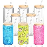 Micellwuu 8 Pack 16 Oz Sublimation Snow Globe Tumbler, Snow Globe Cups with Pre Drilled Hole, Double Wall Beer Can Glass Mason Jar Mug with Bamboo Lids and Straws for Snowglobe DIY