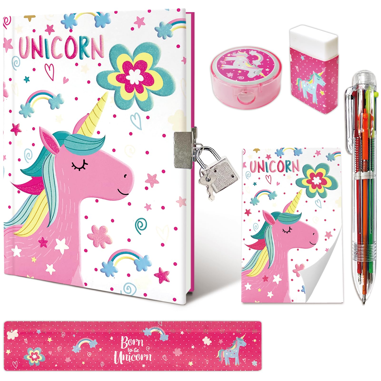 Set of Secret Diary for Girls, 6Pcs Gifts Stationery Set for Girls incl. Unicorn Diary with Lock 6 Multicolor Pen Memo Ruler Eraser Sharpener Kids Notebook for Girls Birthday Presents Age 5-10 Year