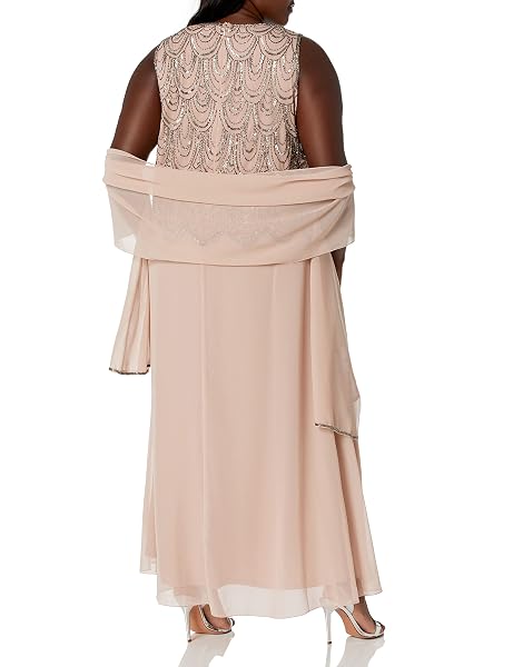 J KARA WOMEN’S PLUS SIZE SLEEVELESS BEADED POP OVER DRESS WITH SCARF, BLUSH/MERCURY, 20W