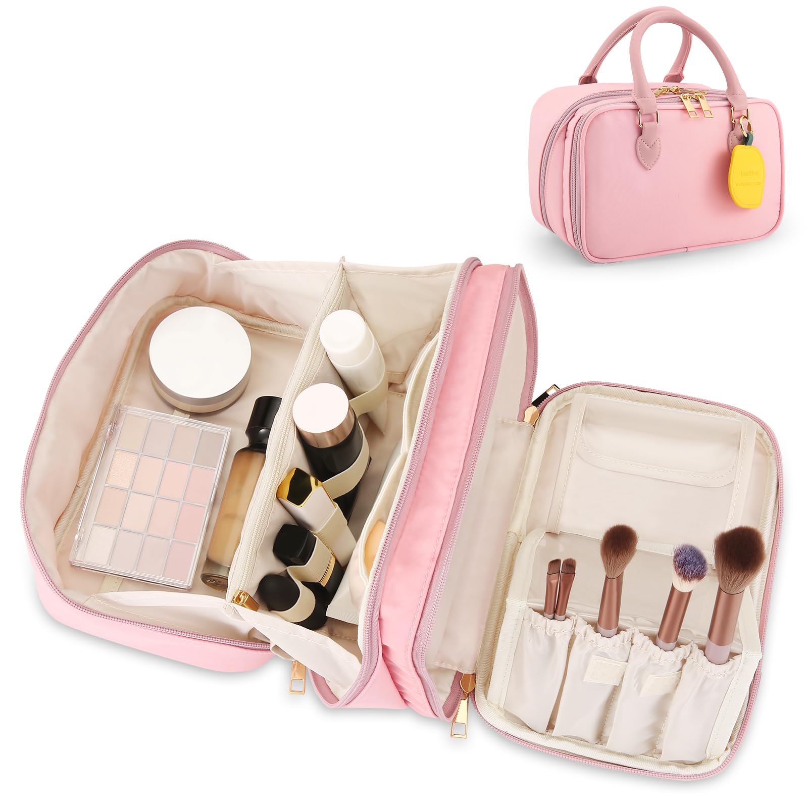 Photo 1 of Travel Makeup Bag for Women Fashion Large Capacity Pouch Open Flat Cosmetic Portable Organizer Waterproof Large Opening Storage Toiletry Bags Vertical Free-Standing Brush Holder for Easy Access Pink
