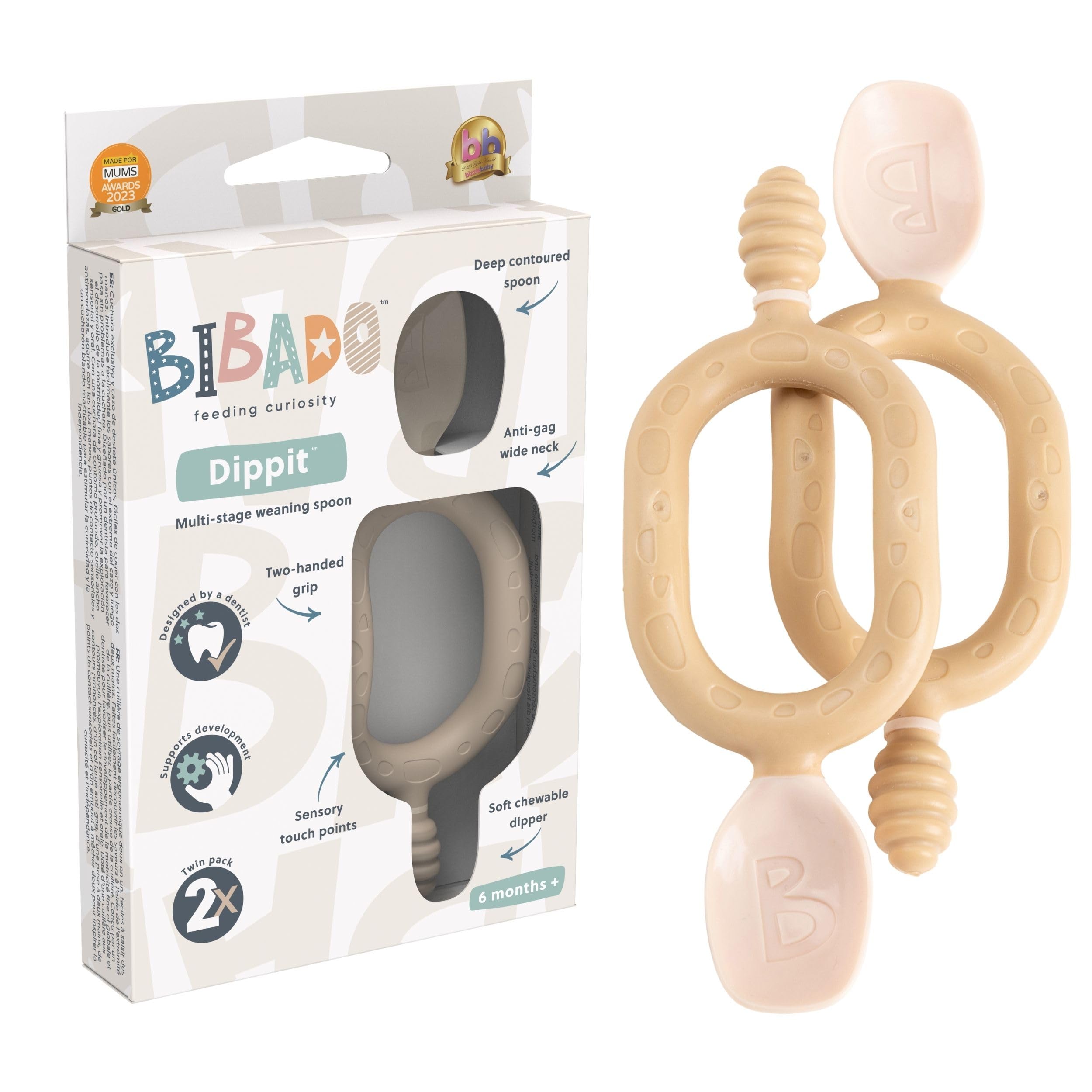 Bibado - Dippit Baby Spoon and Dipper, Mint & Blue (2-Pack) - Soft, Chewable Dipper & Deep Spoon - Two-Hand, Sensory Grip - Baby Weaning Set - Weaning Spoons - Baby Gifts - Baby Essentials - 6 Months+