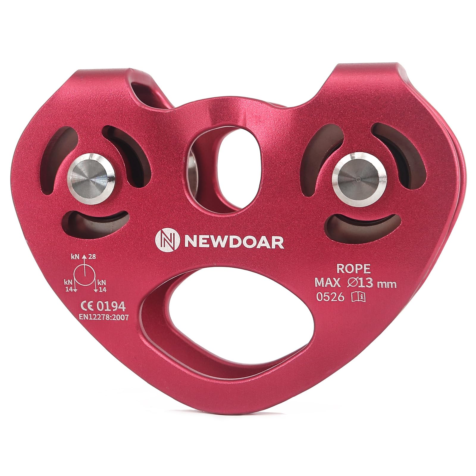 NewDoar CE Certified 28KN Tandem Double Speed Pulley Heart-Shaped Dual Pulley Zip Line Rescue Cable Trolley up to 13 mm Ropes for Climbing, Rescue Lifting(Red)
