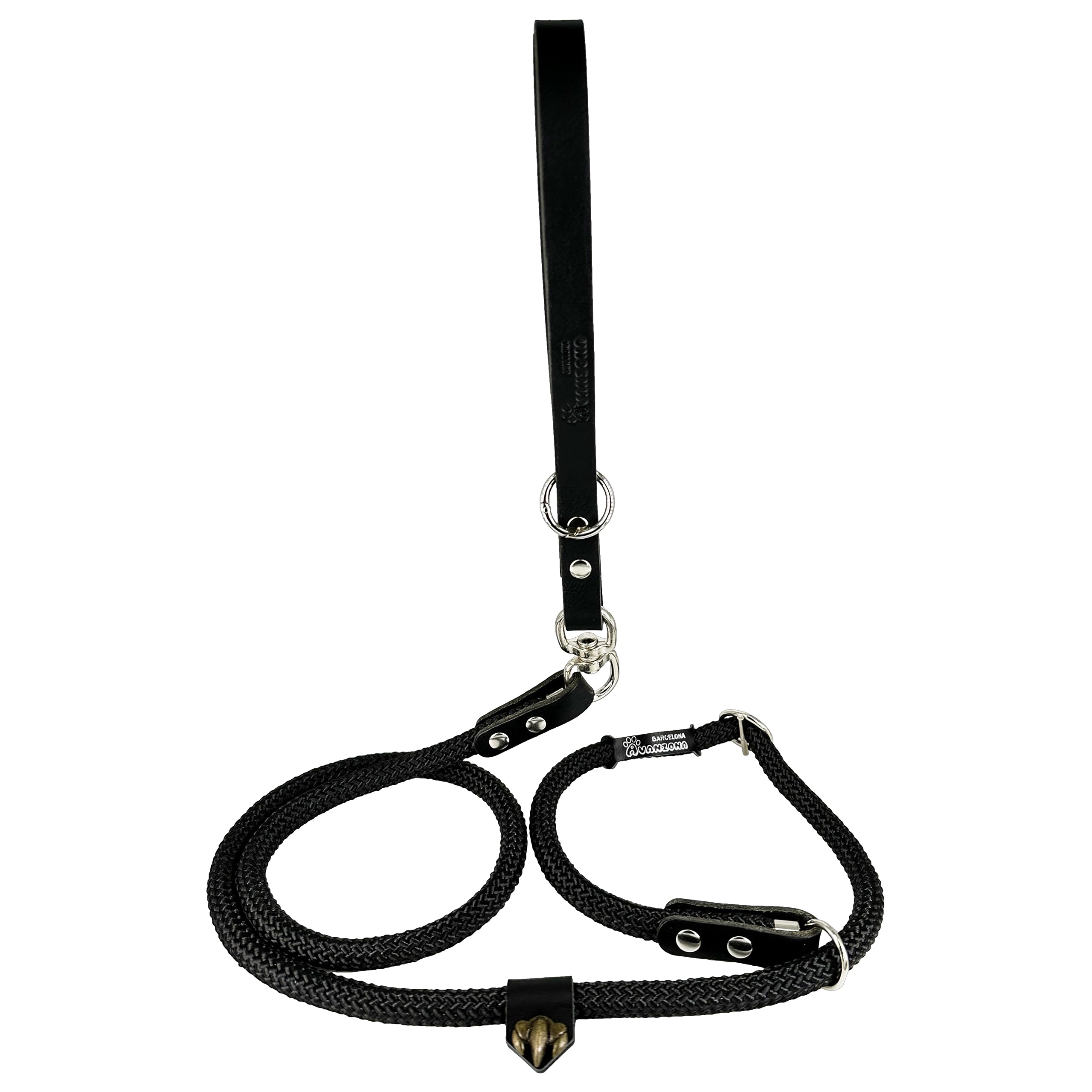 2-in-1 Dog Leash with Built-in Collar and Leather Handle, No-Pull for Small to Large Dogs, Made in Spain. Black & Black