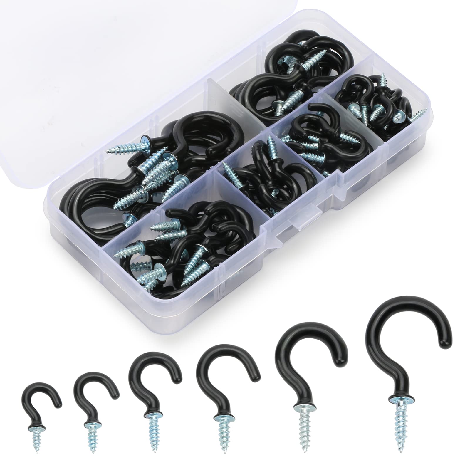 FINEASY 75pcs Black Hooks for Hanging Ceiling Screw in Hooks,Vinyl Coated Ceiling Hooks for Hanging Plants,6 Sizes Mug Cup Hooks Set,for Outdoor Christmas Lights,Plants,Indoor Outdoor Use (Black)