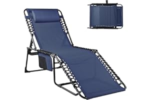 HOMSHADE Folding Outdoor Chaise Lounge Chair - Beach Tanning Lounger with 5-Level Adjustable Backrest, 2-Level Footrest, Removable Pillow, Side Pocket, 330lb Weight Capacity for Poolside, Lawn, Blue