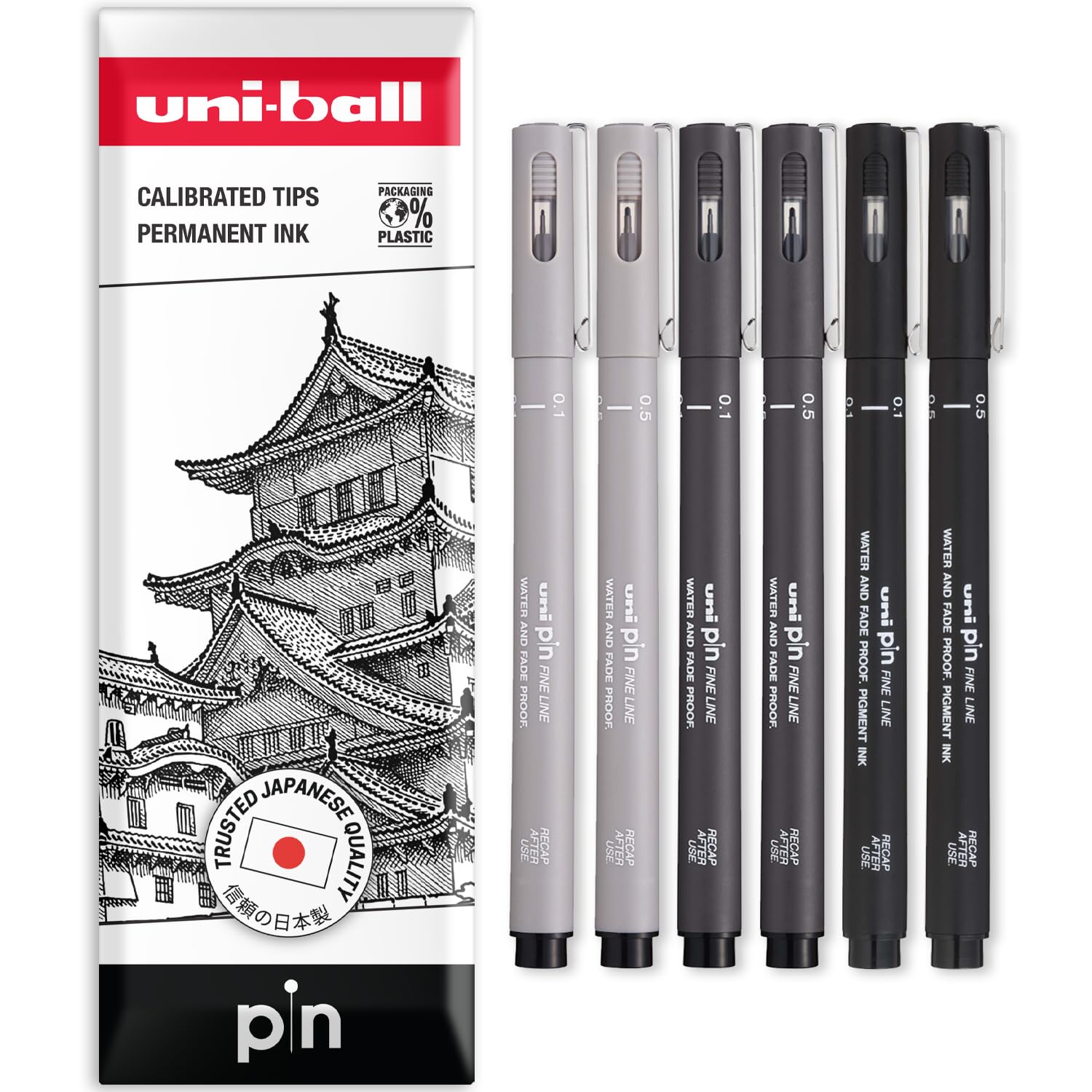 uni-ball PIN Fineliners | Fine Tipped Writing Pens | Water & Fade Resistant Ink | Ideal for Sketching, Scrapbooking, Outlining, Art, Technical Drawing | In Envelope Gift Pack (Grey Tones, Pack of 6)