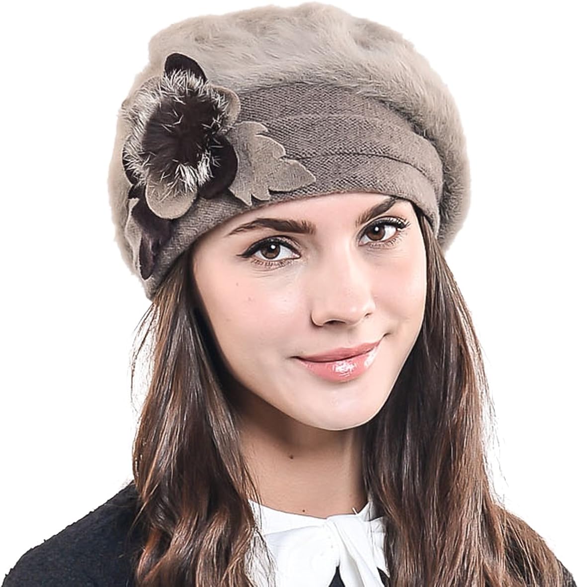 F&N STORY Lady French Beret Wool Beret Chic Beanie Winter Hat Jf-br034 (BR022-Brown Angora) at  Women’s Clothing store