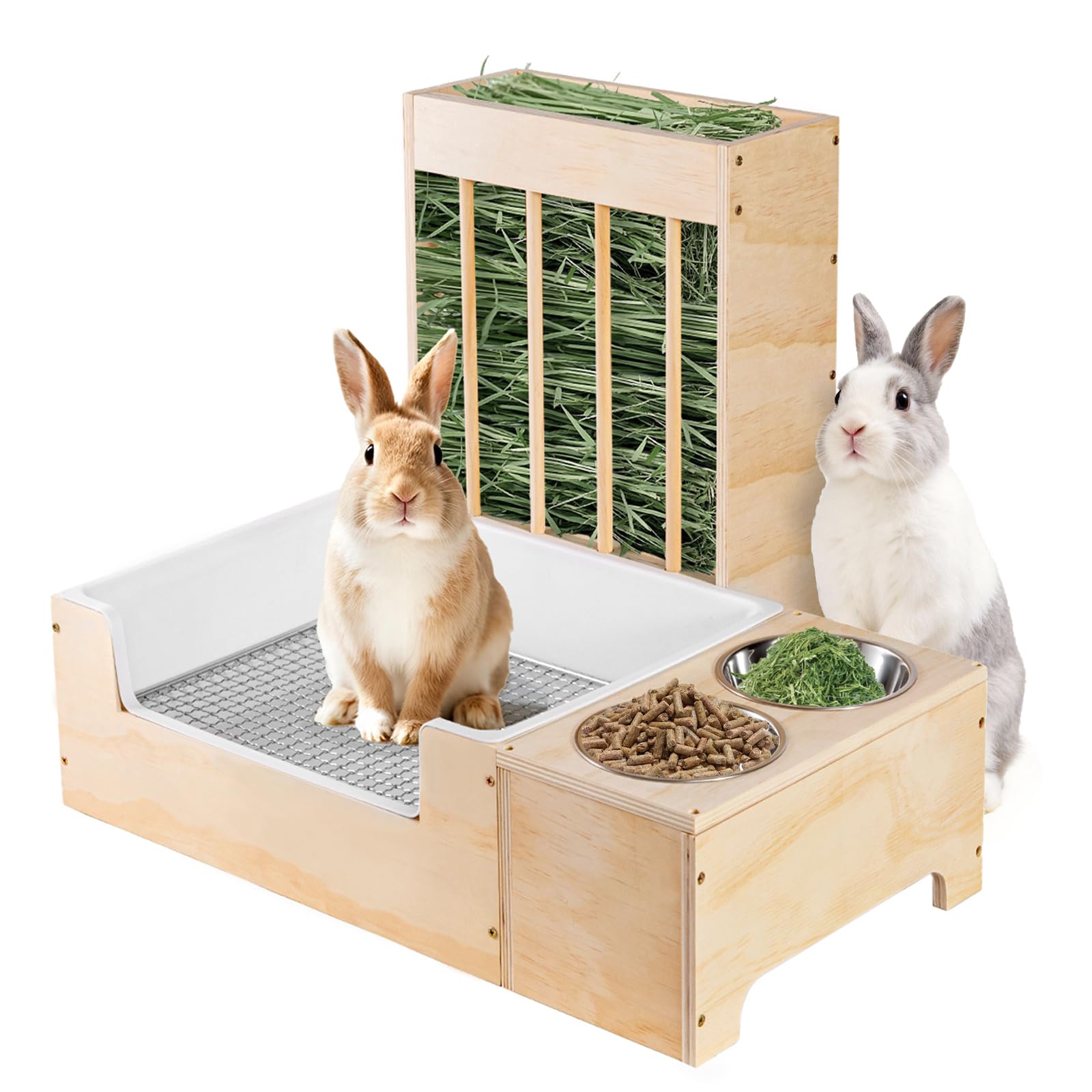 Photo 1 of ***Damaged***Essenhome Extra-Large 3 in 1 Rabbit Litter Box with Hay Feeder and Bowls Set, Wood, Mess Proof, for Guinea Pigs, Chinchillas, Hamsters, and Rabbits