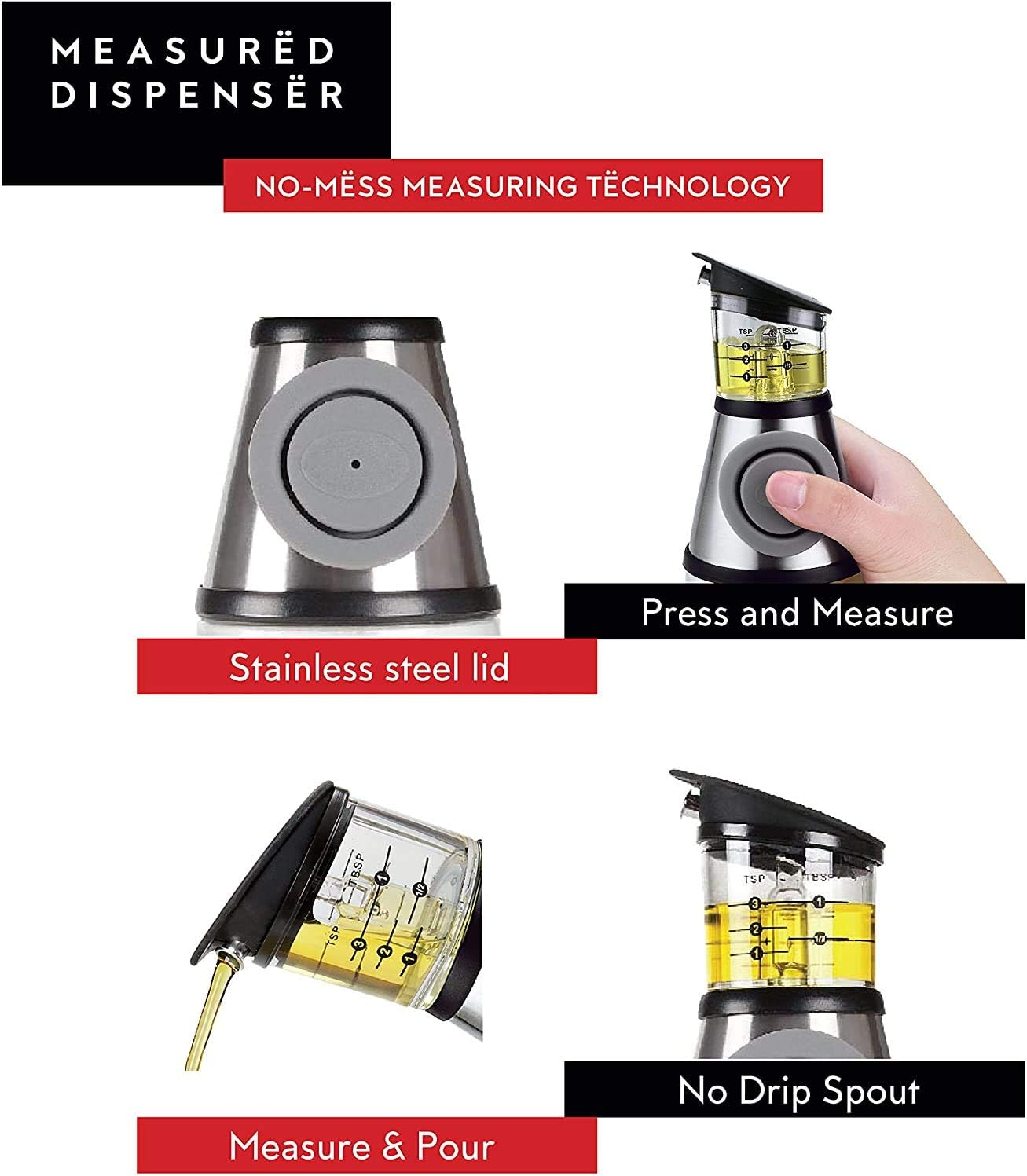 DWËLLZA KITCHEN Olive Oil Dispenser Bottle and Olive Oil Sprayer for Cooking Set – Oil Mister Bottle 6 OZ and Glass Oil Bottle 17 OZ with Measurements Drip-Free Spout Stainless Steel: Kitchen & Dining