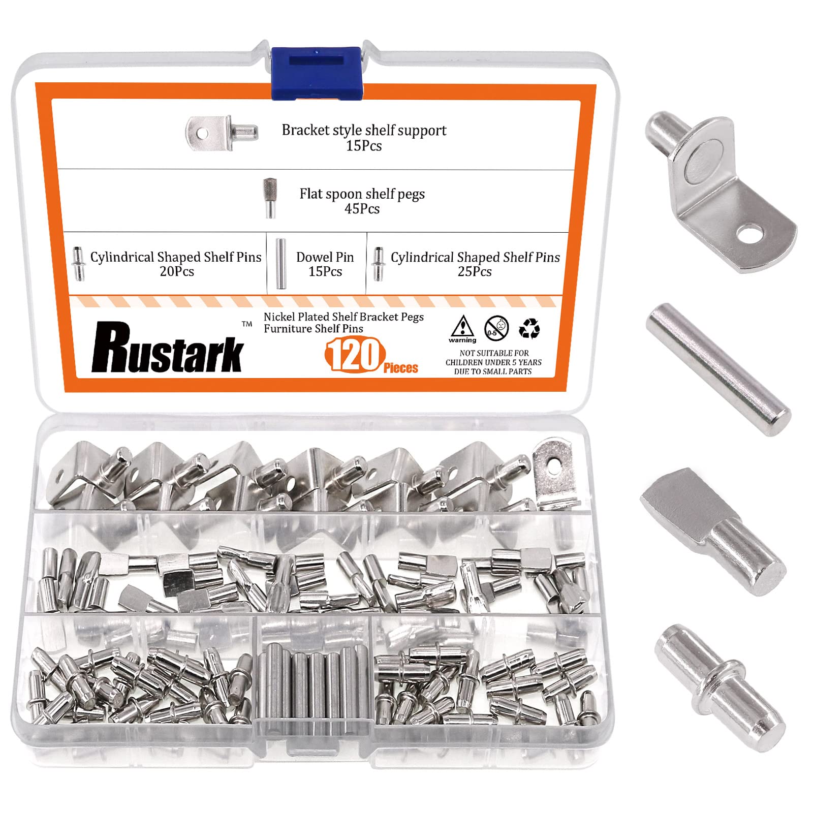 Rustark 120 Pcs 4 Styles Nickel Plated Shelf Pins Bracket Pegs Cabinet Furniture Shelf Pin Support Assortment Kit Perfect for Shelf Holes — image 1