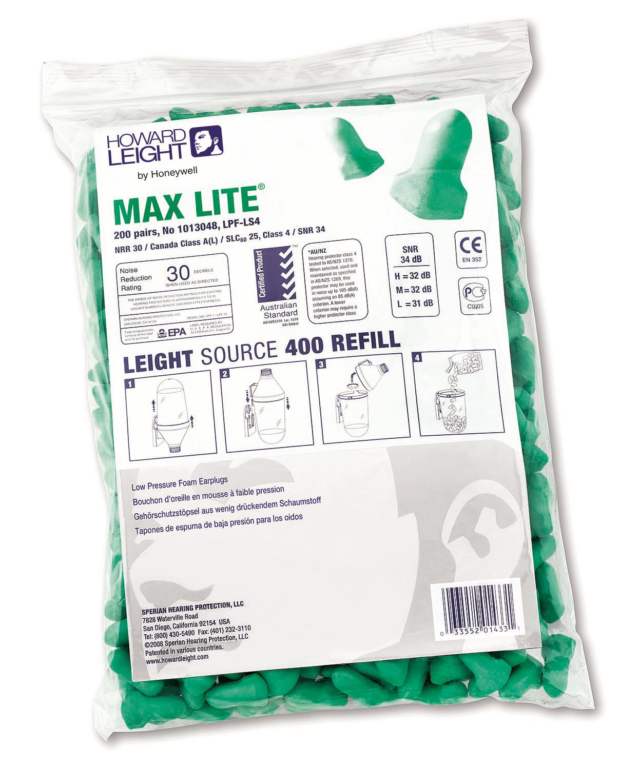 Howard Leight Maximum Lite Single-Use Foam Earplugs Refill Pack, Polyurethane Foam, SNR 38 dB, Green Colour, T-Shaped, Uncorded, 1013048 (Refill Zip Top Bag of 200 Pairs)