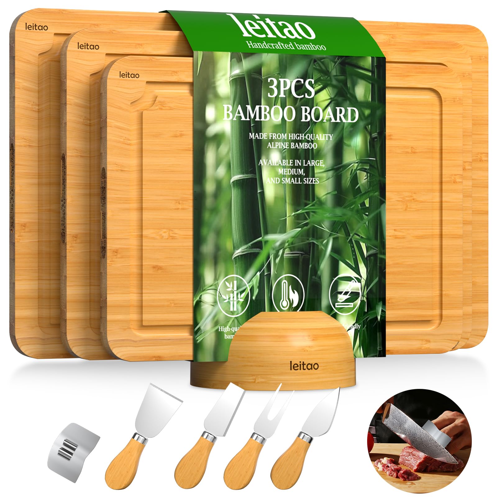 Photo 1 of Bamboo Cutting Board for Kitchen, Wooden Cutting Boards 3-Piece Set with Holder & 4 Knives & Finger Guard, Charcuterie & Chopping Boards with Juice Groove, Kitchen Gift