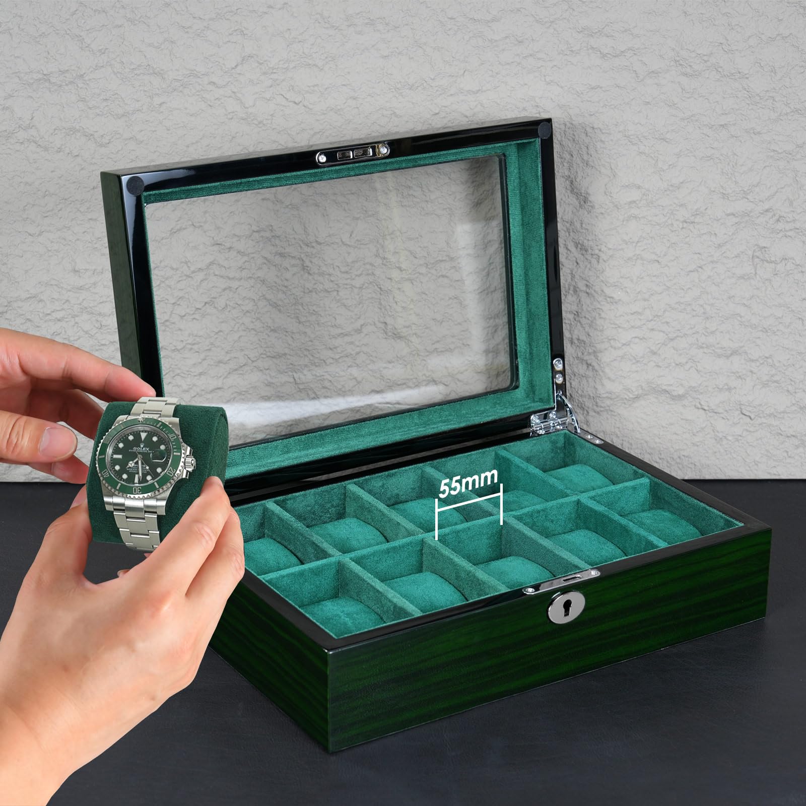 Watch Box for Men 10 Watches Storage Organizer Case, Smart Watch Display, Green Wood with Soft Suede Interior, Large Glass Window, Gift for Women and Man (10W-GR)