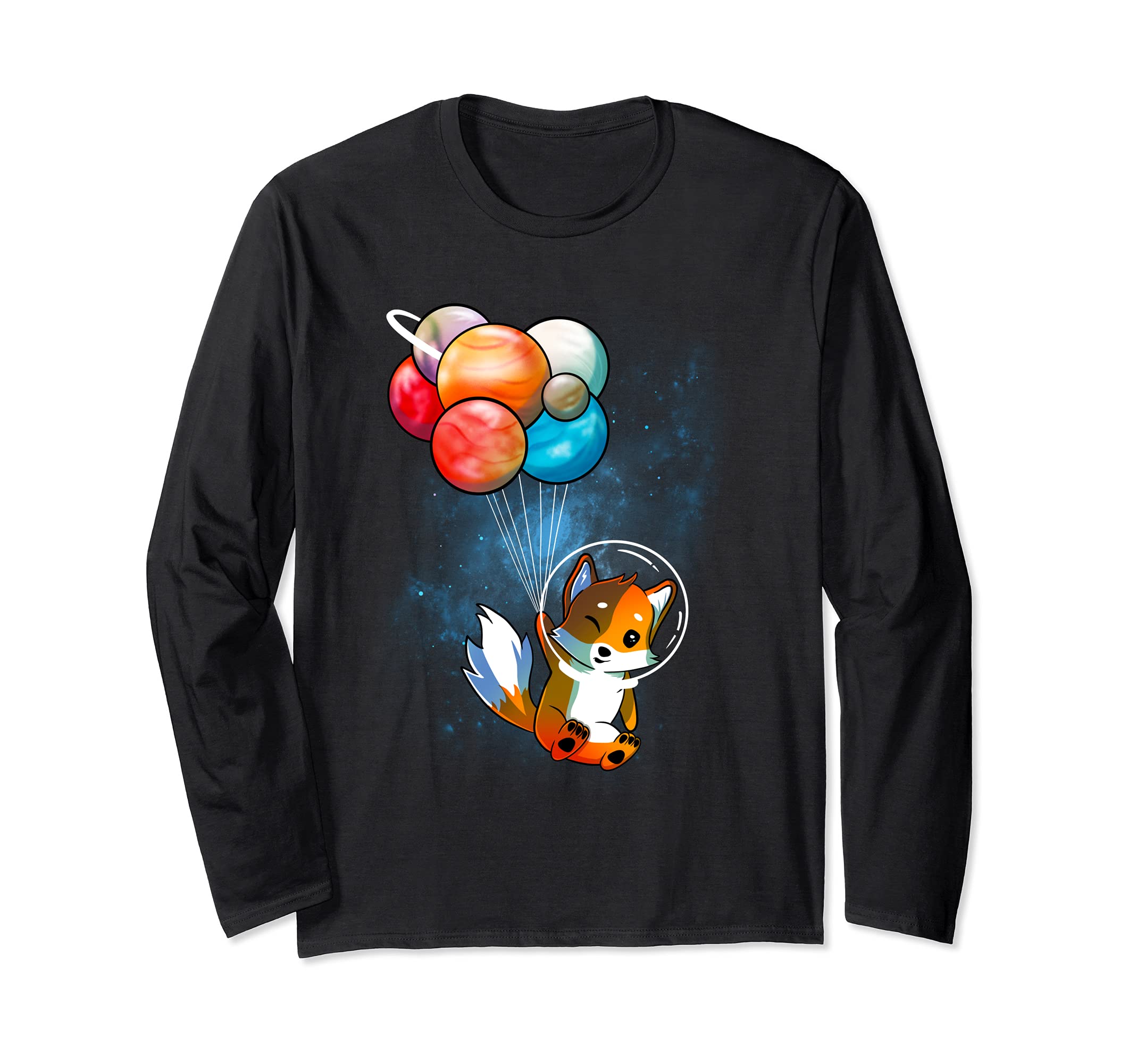 Funny Outer Space Fox Balloon Planets Space Travel Universe Long Sleeve T-Shirt