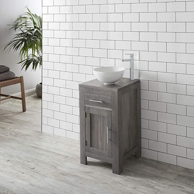clickbasin Grey Wash Solid Oak 450mm Square Freestanding Bathroom