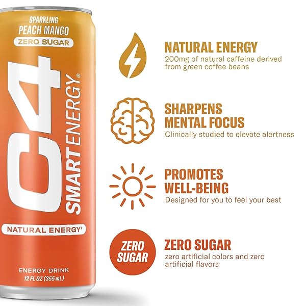 CELLUCOR C4 SMART ENERGY DRINK ‚ BOOST FOCUS AND ENERGY WITH ZERO SUGAR, NATURAL ENERGY, AND NOOTROPICS – 200MG CAFFEINE – PEACH MANGO (12OZ PACK OF 12)