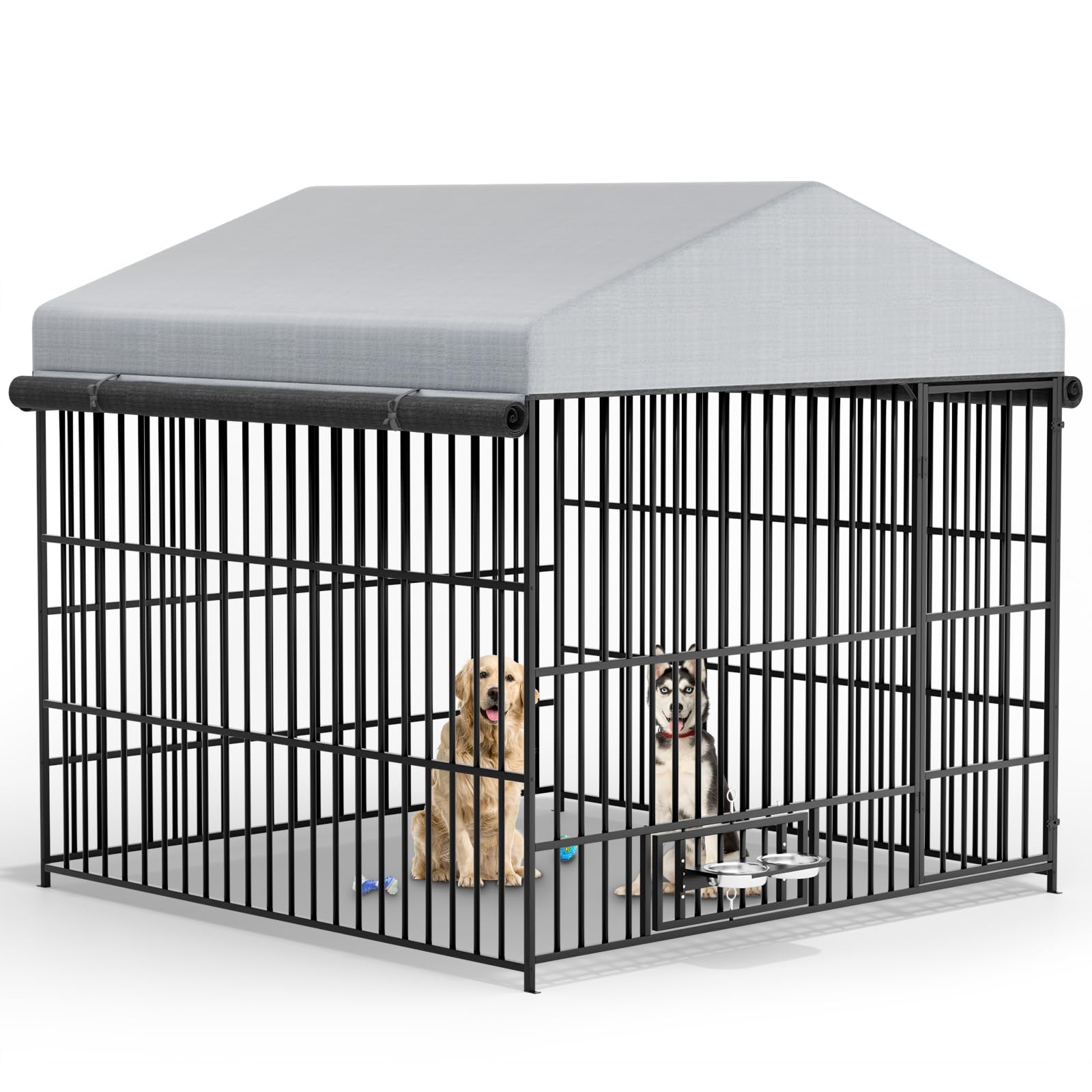 Photo 1 of Yafylly Outdoor Dog Kennel - 6.6 x 6.6 x 6.4 ft Outside Dog Kennel with Roof, Large Dog Outdoor Kennel with Rotating Feeding Bowls for Medium Small Dogs