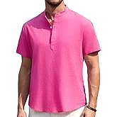 Enlision Mens Cotton Linen Henley Shirts Casual Short Sleeve Shirt Summer Beach Hippie Tshirt Band Collar Shirt for Men