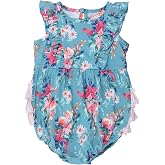 RuffleButts Baby Girls Bow Front Bubble Woven Romper - Baby Girl Romper | 100% Cotton Denim, Solid Pattern, Classic Fit, Round Collar, Elastic Leg Openings, Snap Closures, Machine Wash Tumble Dry