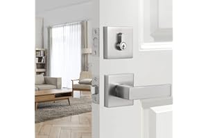 GUA OYH Front Door Lock Set Satin Nickel Entry Door Handle Sets Single Cylinder Deadbolt and Square Lever, Heavy Duty Front Door Handleset Door Handles for Front Door or Office Door (SN_LocksetPS)