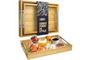 Modern Bamboo Serving Trays with Handle – Set of 2 Wooden Trays That Nest – Large and Small Tray Set for Food, Ottoman Decor 