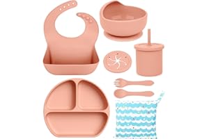 GUFFO YASEW Baby Led Weaning Supplies, Complete Bpa Free Silicone Baby Feeding Set, 8pc Eating Supplies with Infant Suction Bowl and Plates, Bowl Cup Spoon and Fork Set, Infant Utensils Dish for Baby