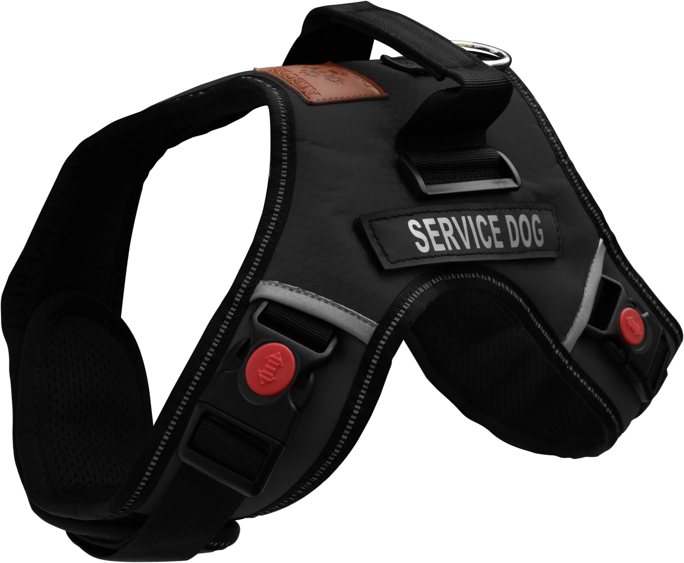 Albcorp Service Dog Vest Harness - Reflective - Woven Nylon, Neoprene Handle, Adjustable Straps, with Comfy Mesh Padding, and 2 Hook and Loop Removable Patches, Small, Black