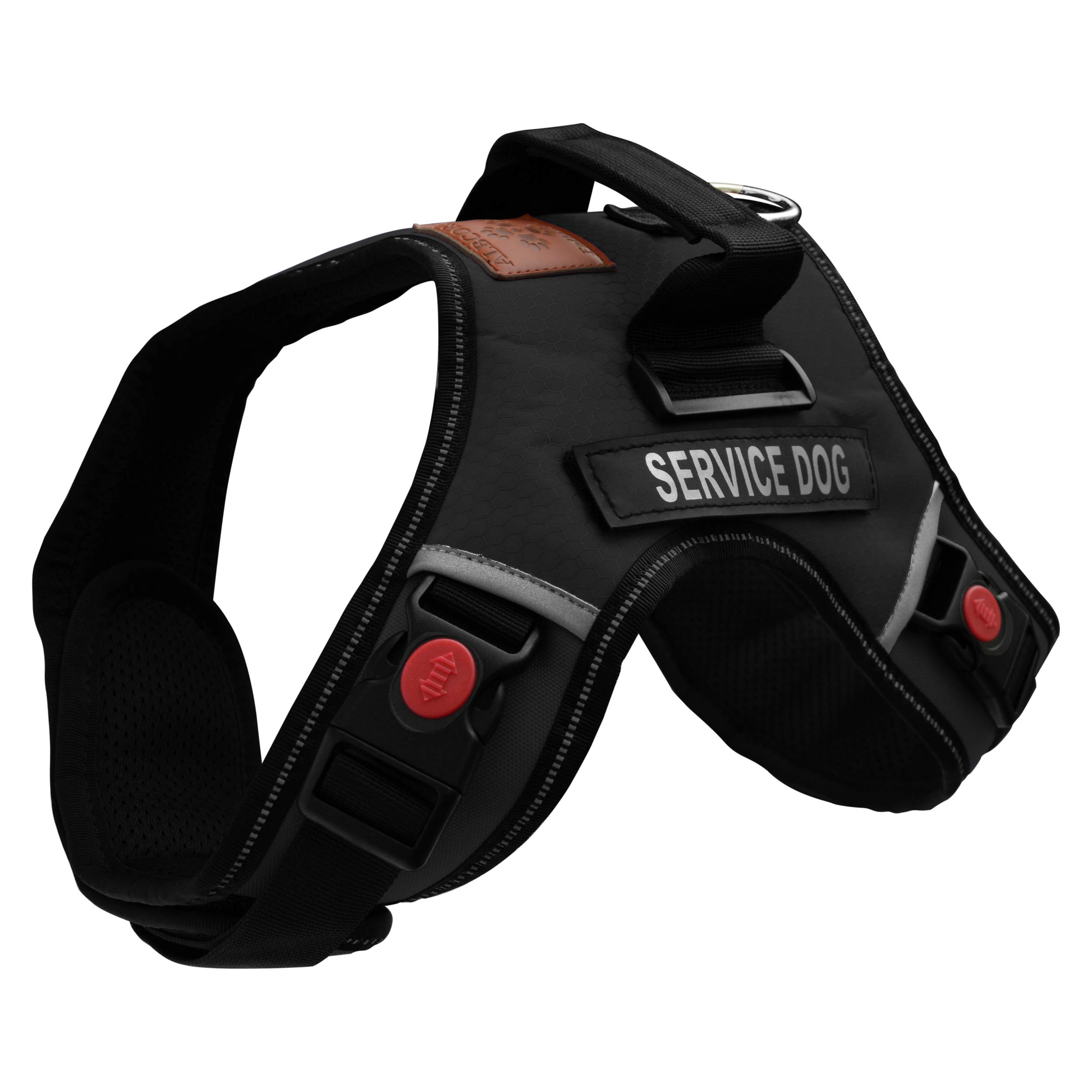 ALBCORP Reflective Service Dog Vest Harness – No-Pull Harness with Handle & Comfy Mesh Padding – Available in Sizes XS-XL– with 2 Removable Hook & Loop Service Dog Patches, Large, Black