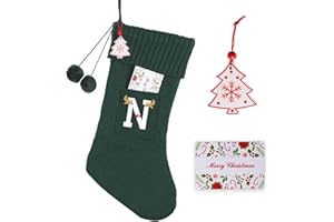 K-MLICE Christmas Stocking 18 Inches Large Knit Christmas Stockings Monogram Initial Personalized Christmas Stockings for Family Xmas Home Decor White Red Green Tree Fireplace Ornaments Green N