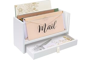 INTARSIO Two-Layer Solid Wooden Mail Storage Organizer Holder with Clear Acrylic Top and Bottom Drawer, Leather Handle, Keeping Mail, Bills, Letters, Cards and Office Supplies in One Place, Home Decor Gifts