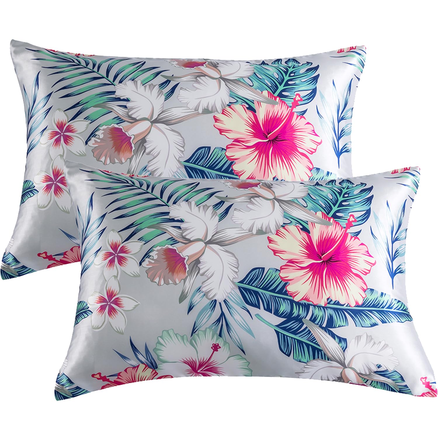 DuShow 2 Pack Silk Satin Pillowcases for Hair and Skin,Floral Luxurious and Silky Standard Zipper Pillow Cases 50x75 cm,Blue