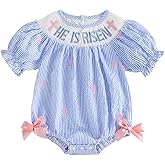 Baby Girl Easter Outfit Smocked Romper Dress Rabbit Embroidery Short Puff Sleeves Bodysuit Jumpsuit Spring Clothes
