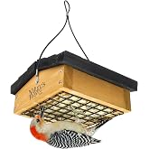 Nature&rsquo;s Way Cedar Inverted Suet Feeder for Clinging Birds, Hanging Suet Cage with Protective Roof, Holds 1 Standard Suet Cake, Natural Wood &amp; Black