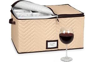 Wine Glass Storage Box with Dividers - Stemware Storage Case, Durable Quilted Microfiber Bin with Carry Handles, Protects Fin