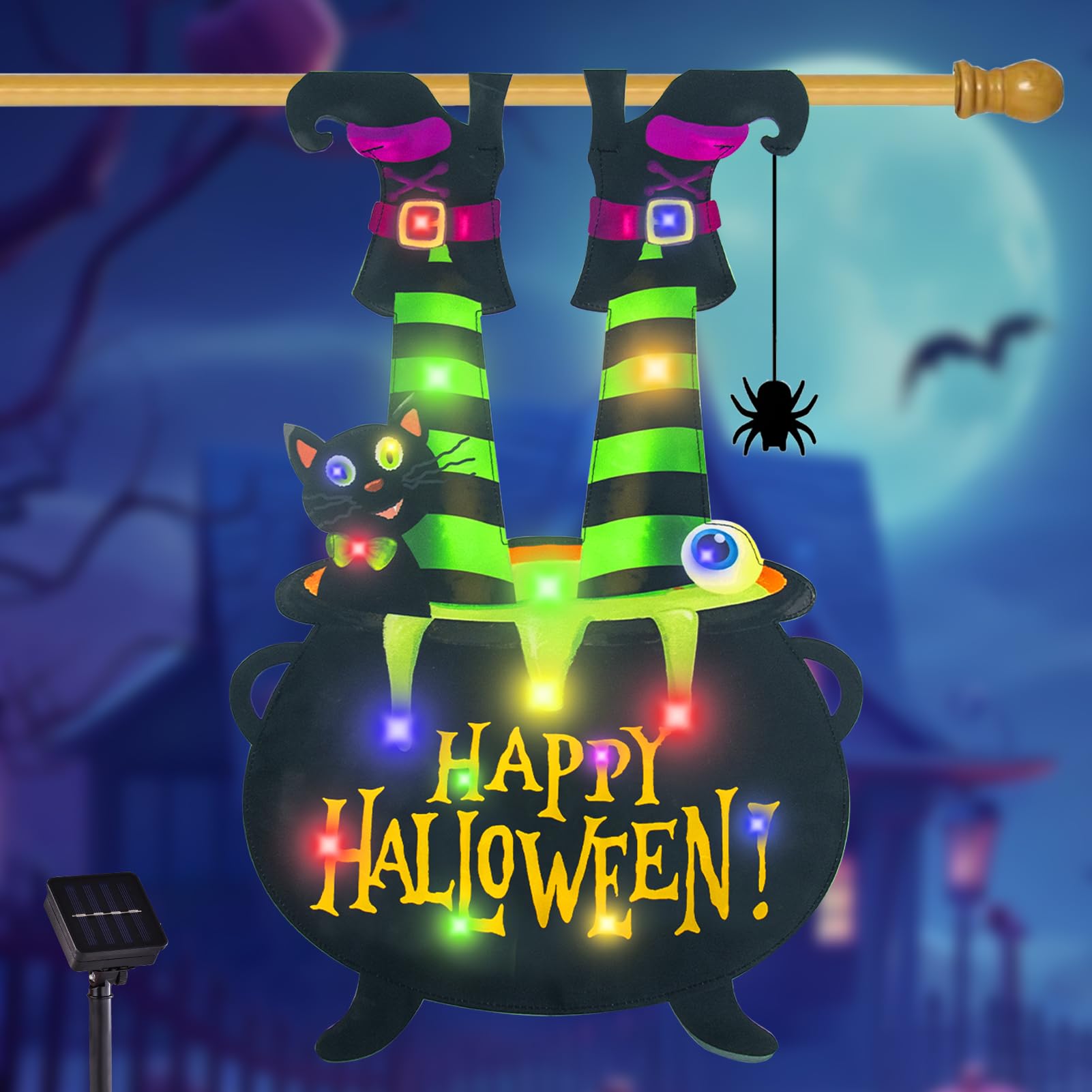Photo 1 of Halloween Lighted Garden Flag for Outside, Witch Feet Shape Flag Yard Decor, 8 Modes 28x40 Double Sided Cauldron Eyeball Black Cat Outdoor Hlloween Decorations for Home Porch?Multi Colored-28x40?