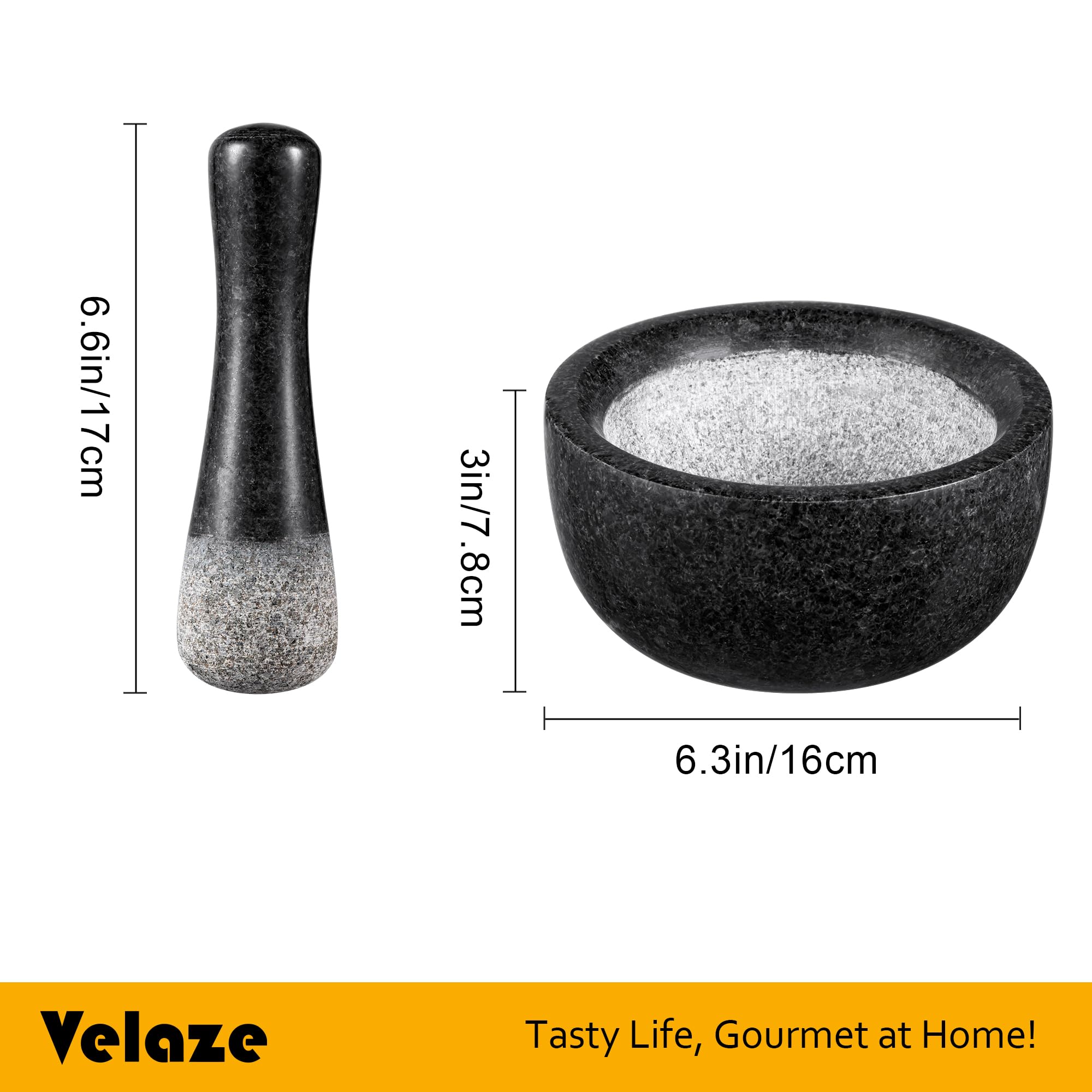Velaze Large Mortar and Pestle Set, 100% Granite, Natural Unpolished, Herb Crusher, Spice Grinder, Stone Grinder Bowl for Making Guacamole and Pesto, 6.3 Inch Pestle and 16 oz Mortar(2 Cup)