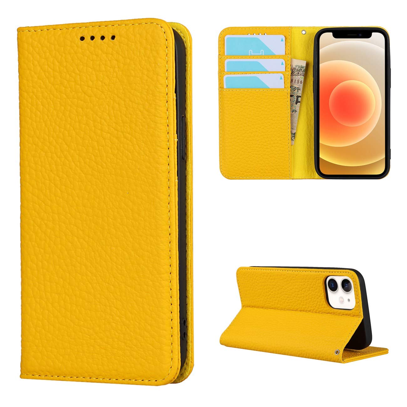 Copmob Phone Case iPhone 12 Mini,Flip Genuine Leather Wallet Case,[4 Slots][Magnetic closure][With Lanyard],Protective Cover Case for iPhone 12 Mini - Yellow