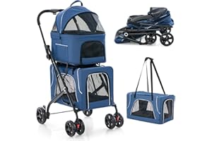 PETSITE Double Dog Stroller, Foldable 3-in-1 4 Wheels Cat Pet Stroller with 2 Detachable Carriers, Safety Belt, Washable Cover, Removable Pads, Ideal for Small Medium Dogs Cats (Blue)