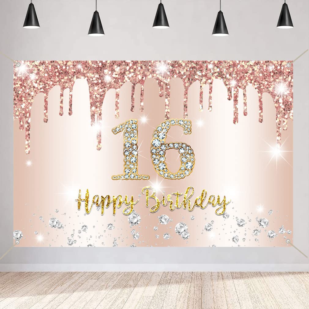 Happy 16th Birthday Decorations for Girls, Happy 16 Years Old Fabric Sign Poster Rosegold Backdrop Banner, 16th Birthday Party Supplies, Photography Background Welcome Sign, 150cm x 90cm