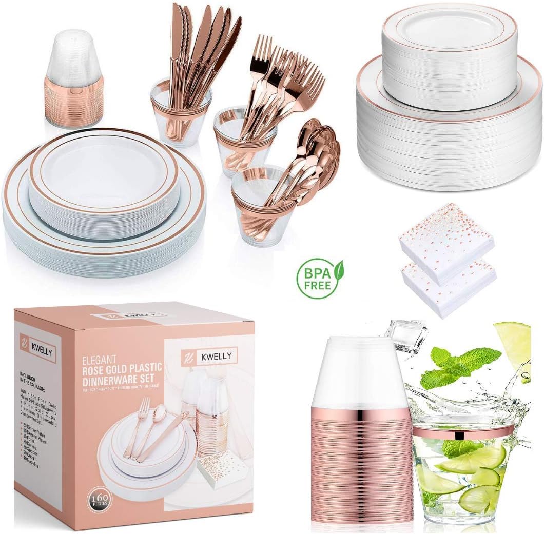 KWELLY Disposable Plastic Tableware Set | Includes Plates, Cutlery, Napkins & Cups for Dinner, Party, Bridal Shower, Birthday & Christmas | No BPA | 160 Pieces Rose Gold Fancy & Elegant Silverware