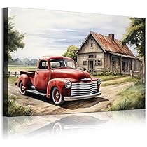Farmhouse Barn Pictures Red Truck Canvas Wall Art Rustic Country