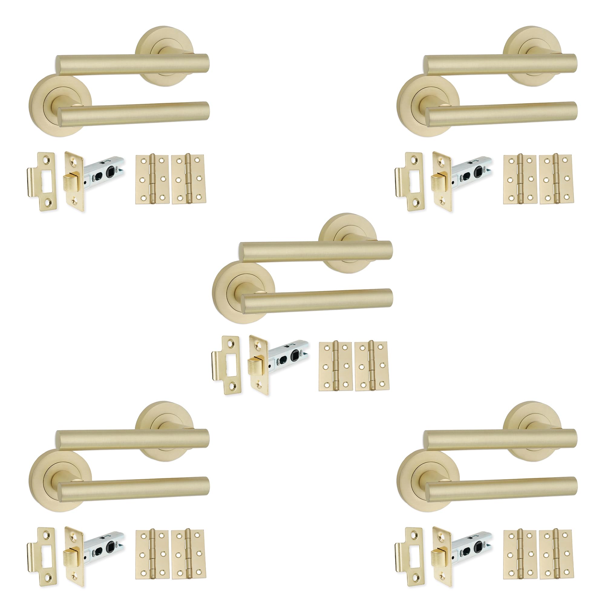 Infinity Decor 5 Set T-Bar Satin Brass Lever On Rose Internal Door Handles - Latch & Hinges Pack