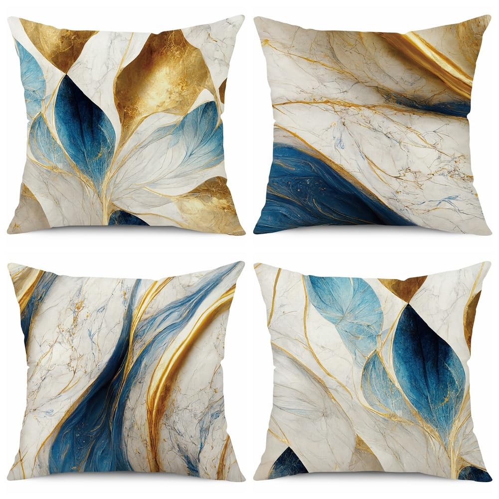 BCKAKQA Cushion Covers 45cm x 45cm Set of 4 Blue and Gold Decorative Throw Pillow Covers 18x18 inches Linen Square Throw Pillow Cases for Bedroom Living Room Sofa Couch Bed Pillowcases — image 1