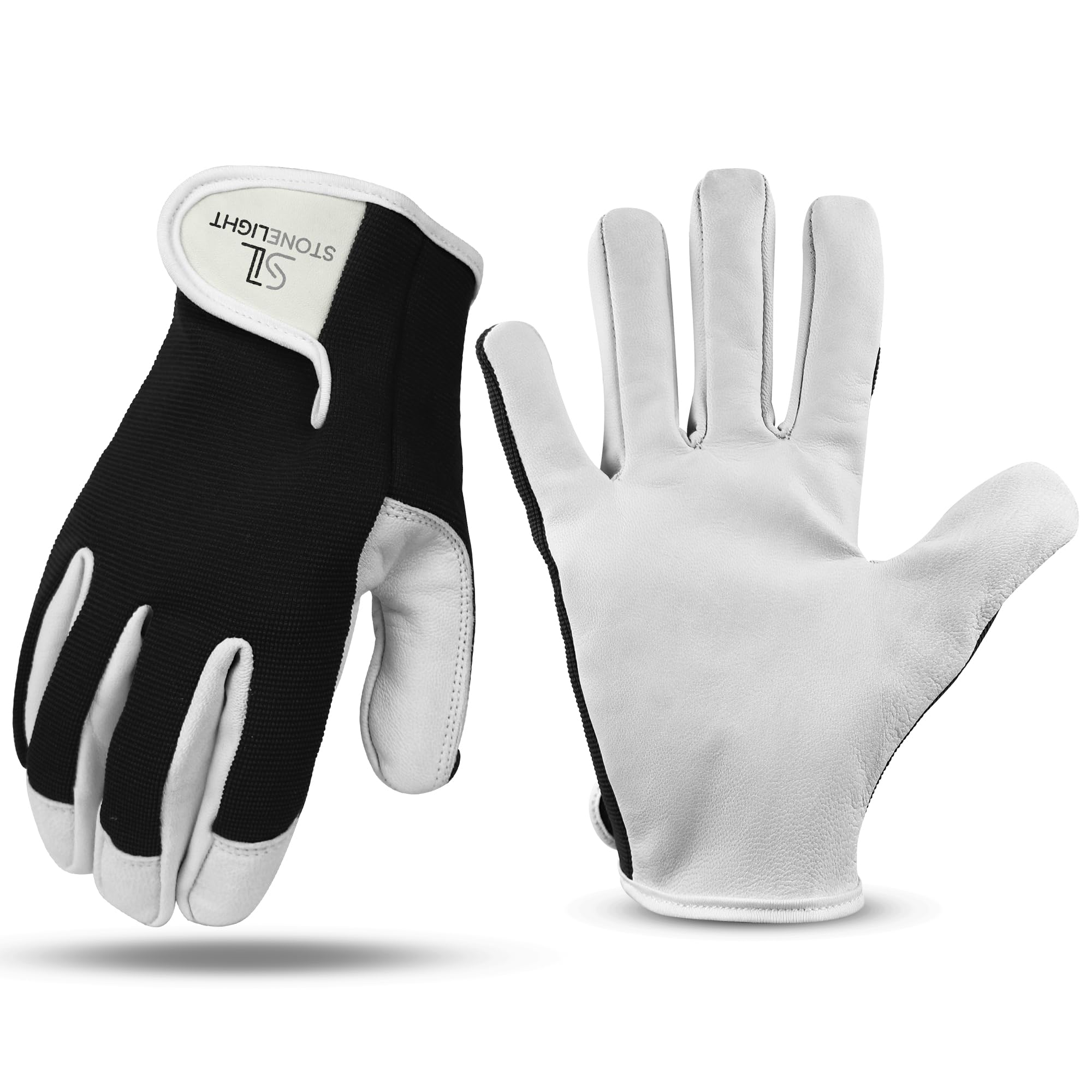 STONELIGHT Unisex Gardening Gloves Made with Leather & Spandex - Thorn Proof Rigger Safety Work Gloves with Reinforced Fingertips, Adjustable Wrist Closure, Waterproof & Breathable (Black, XL)