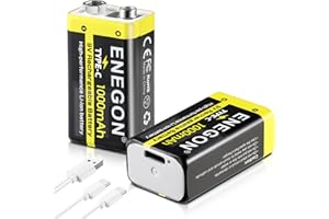 ENEGON 2 Pack 9V Rechargeable Lithium Batteries, 1000mAh 9000mWh with 2-in-1 USB C Charging Cable, high Capacity 6F22 Batteries for Smoke Alarms, Electric Guitars, Metal detectors, Microphones More.