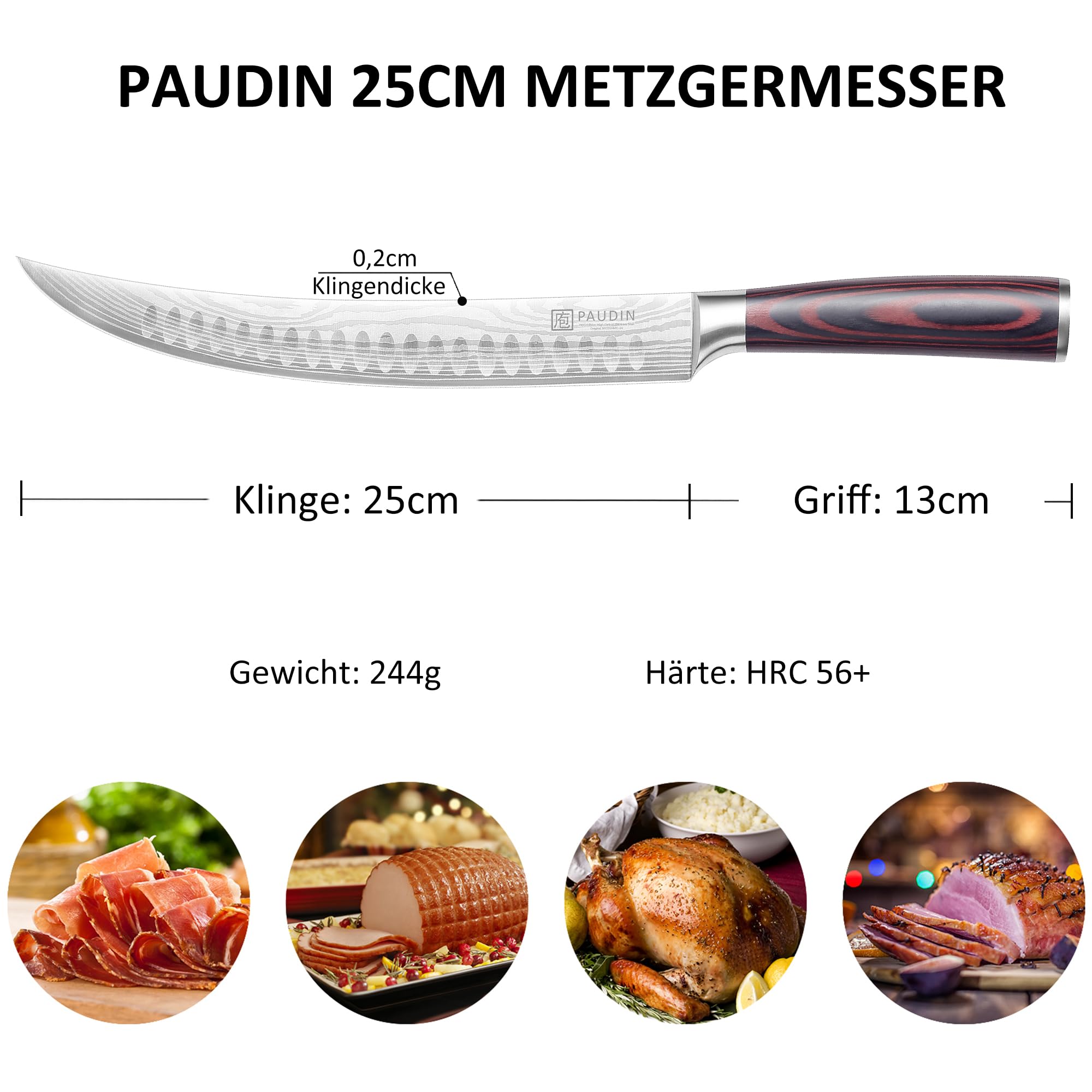 PAUDIN Fleischmesser extrem scharf 25cm Metzgermesser profi Messer Küchenmesser als Schlachtermesser Schinkenmesser Tranchiermesser aus hochwertigem Edelstahl mit ergonomischem Holzgriff 7