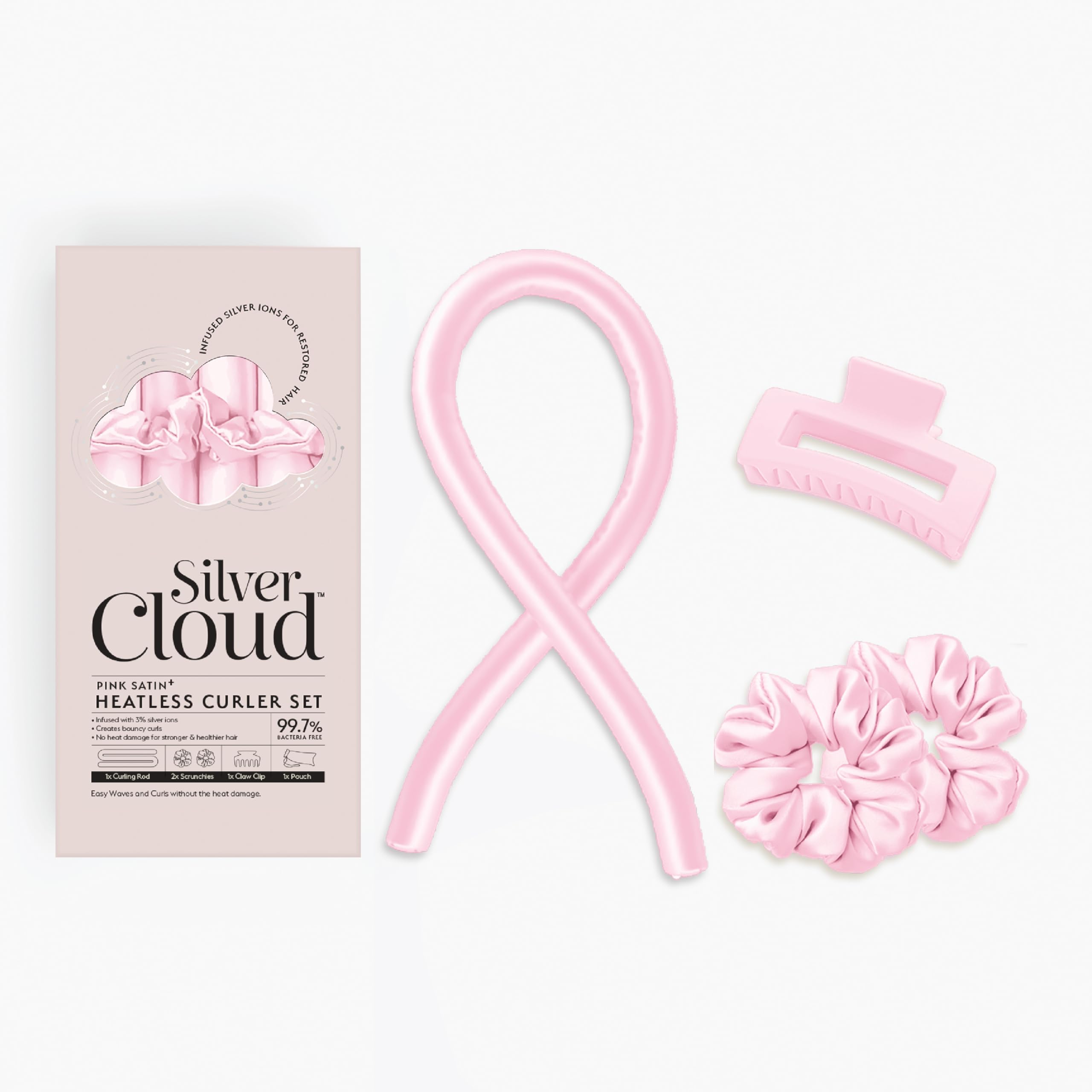 Silver Cloud Satin Heatless Curler Set Infused with Silver Ions – Effortless Curls, No Heat Required (Pink, Medium)