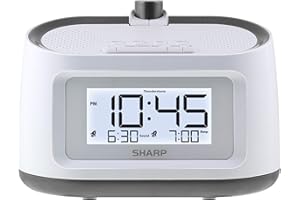Sharp Projection Alarm Clock with Soothing Nature Sleep Sounds – Easy to Read Projection on Wall or Ceiling – 8 Sleep Sounds to Help Fall Asleep Faster, White Case with Gunmetal Trim