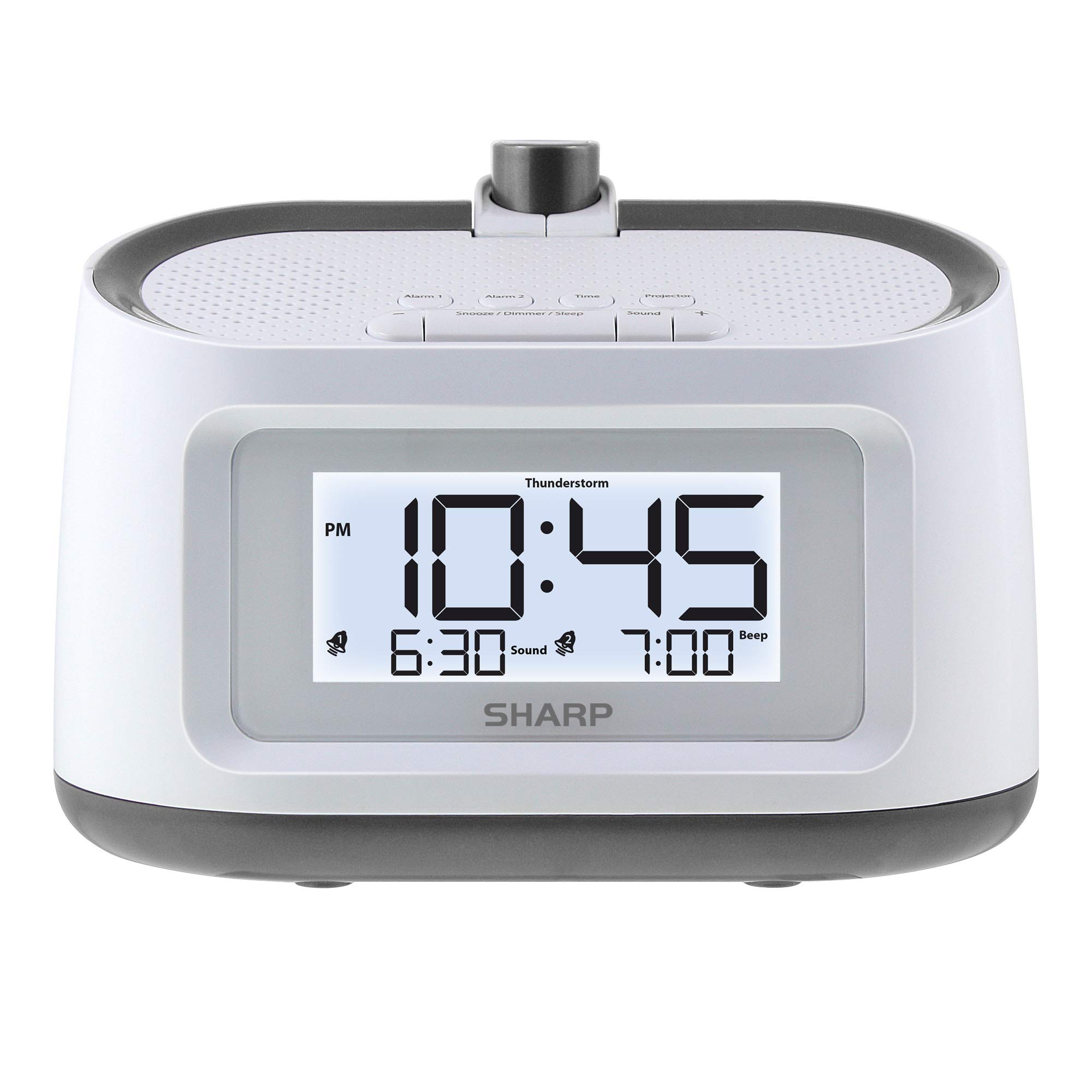 Sharp Projection Alarm Clock with Soothing Nature Sleep Sounds – Easy to Read Projection on Wall or Ceiling – 8 Sleep Sounds to Help Fall Asleep Faster, White Case with Gunmetal Trim